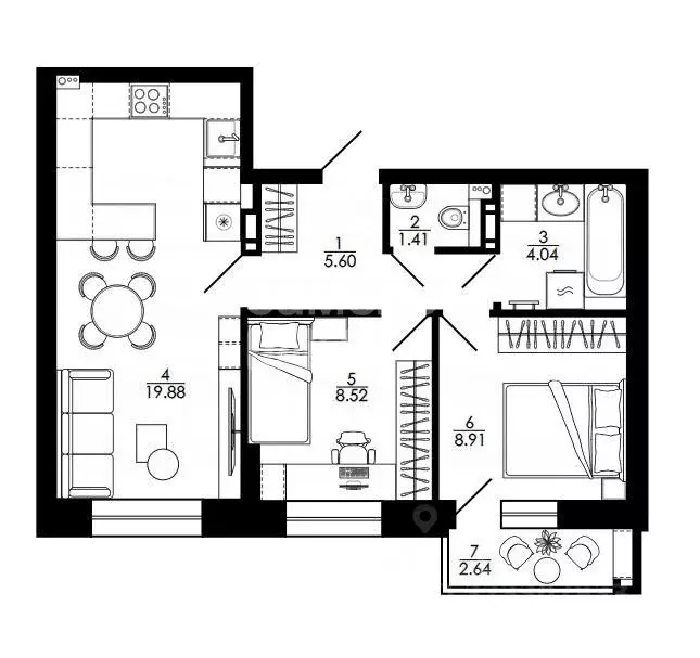 2-к кв. Липецкая область, Липецк ул. Е.И. Замятина, 1 (53.0 м) - Фото 1