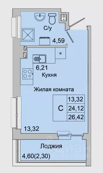 Студия Ростовская область, Батайск ул. Булгакова, 11 (26.42 м) - Фото 1