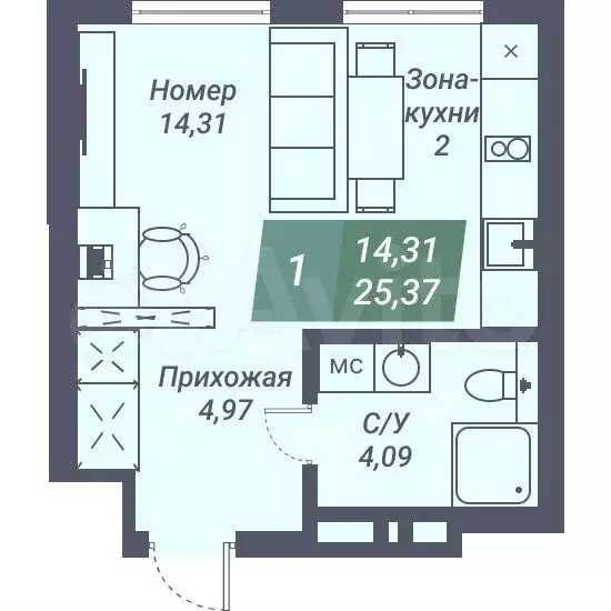 Апартаменты-студия, 25,4 м, 4/23 эт. - Фото 0