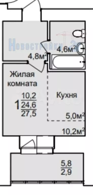 Квартира-студия, 27,5 м, 10/14 эт. - Фото 0