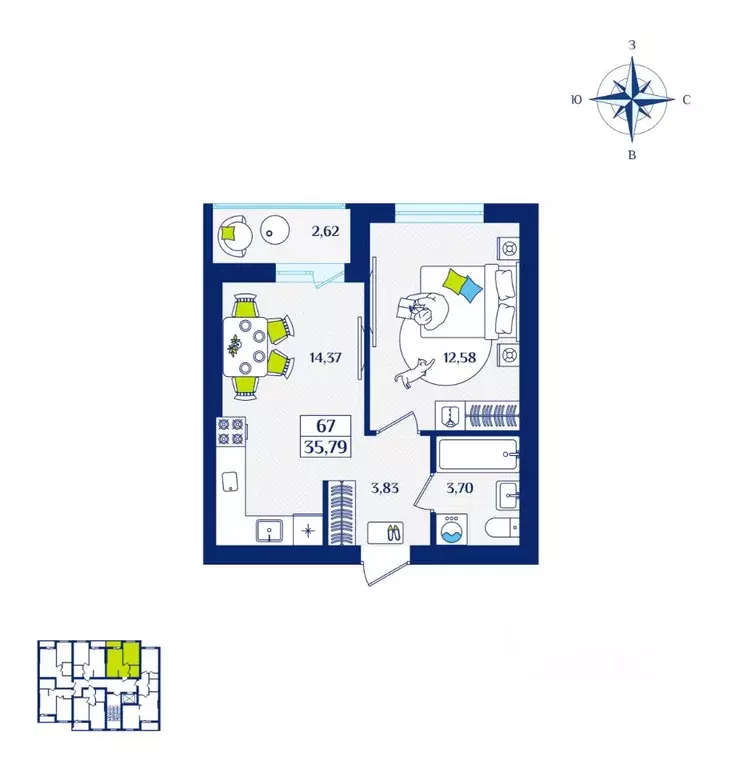 1-к кв. Калининградская область, Зеленоградск  (35.79 м) - Фото 1