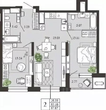 2-к кв. Тульская область, Тула ул. Фридриха Энгельса, 74 (67.87 м) - Фото 1