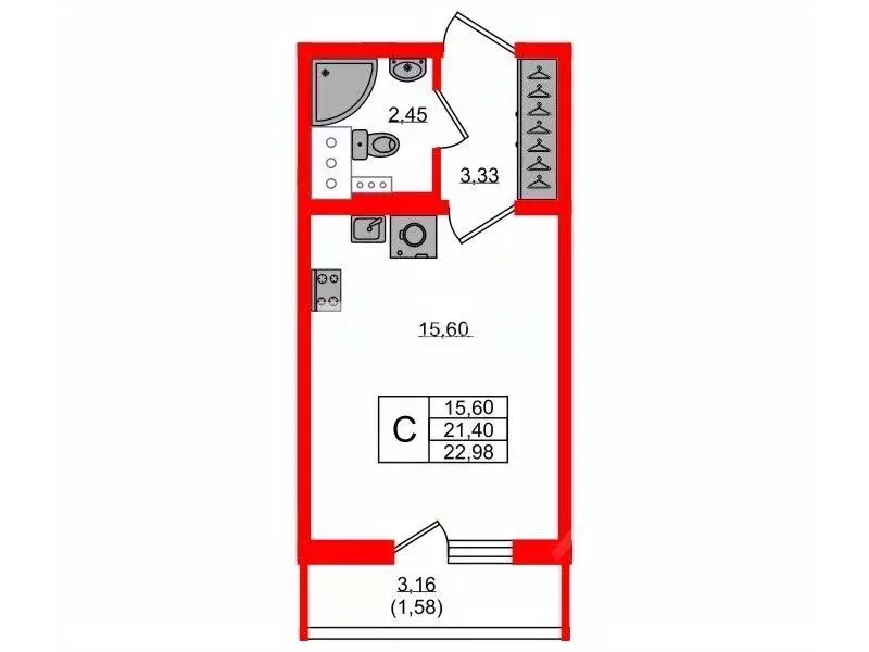 Студия Санкт-Петербург Северный просп., 125 (21.4 м) - Фото 2