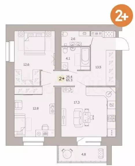 2-к. квартира, 65,3 м, 1/9 эт. - Фото 1
