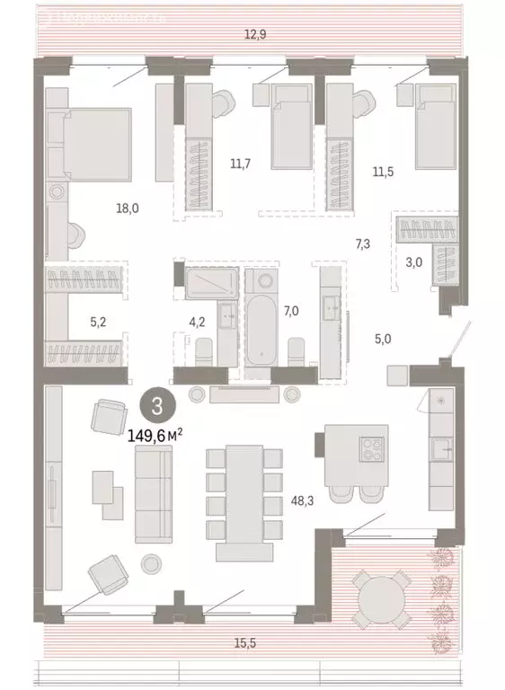 3-комнатная квартира: Тюмень, жилой комплекс На Минской (149.64 м) - Фото 1