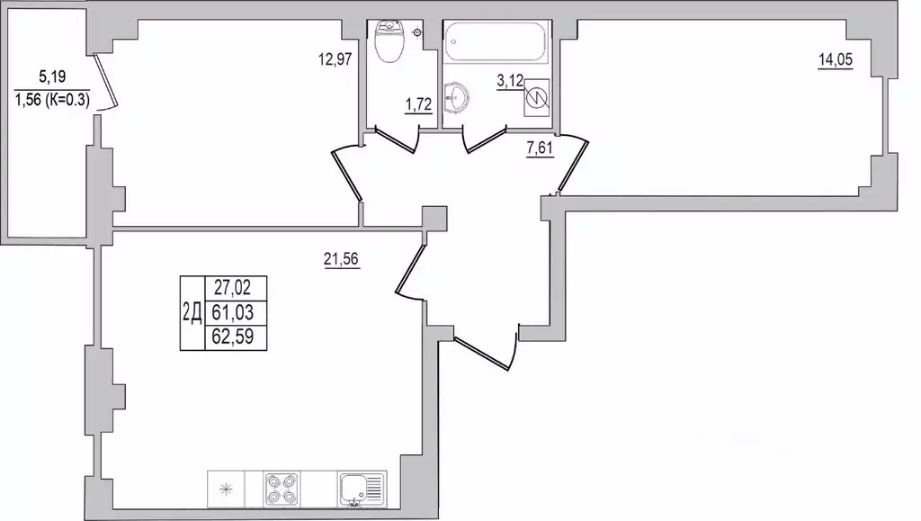 2-к кв. Псковская область, Псков ул. Юности, 32 (62.59 м) - Фото 1
