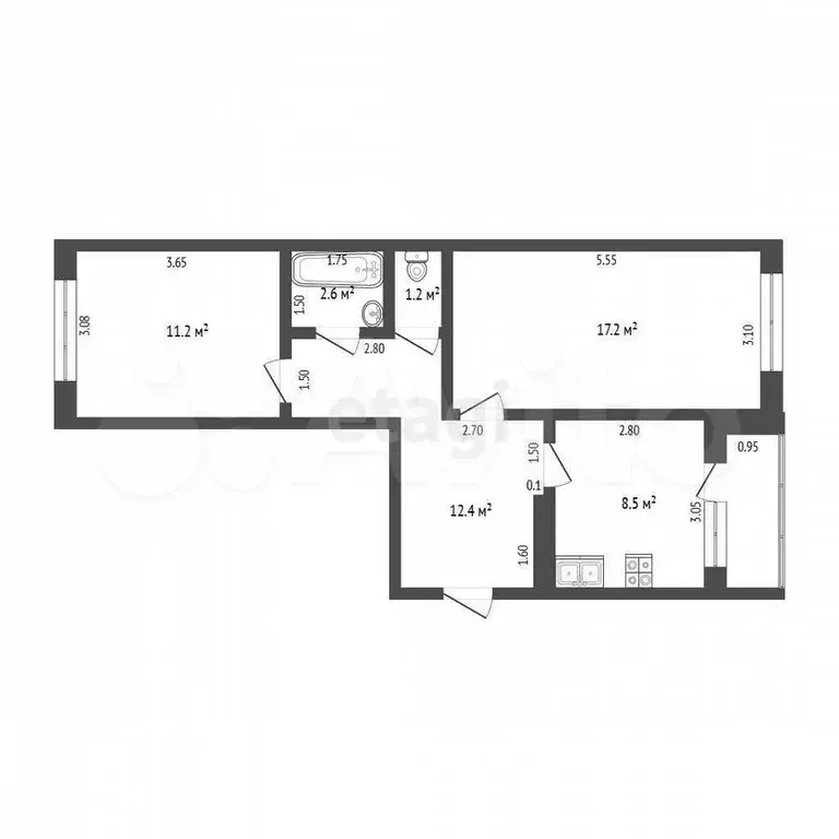 2-к. квартира, 55 м, 4/5 эт. - Фото 1