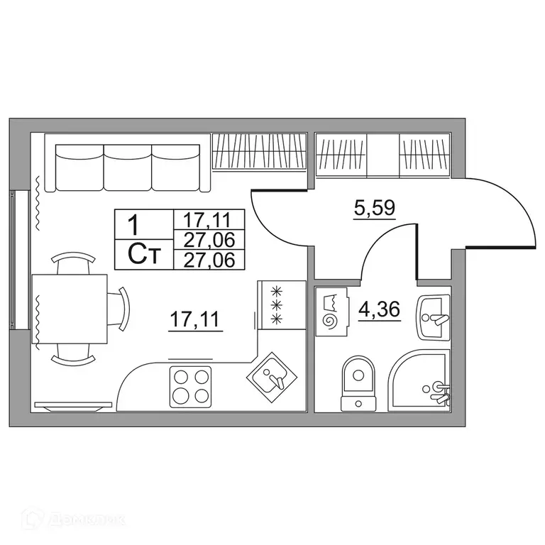 Продаётся квартира-студия, 27.06 м - Фото 1