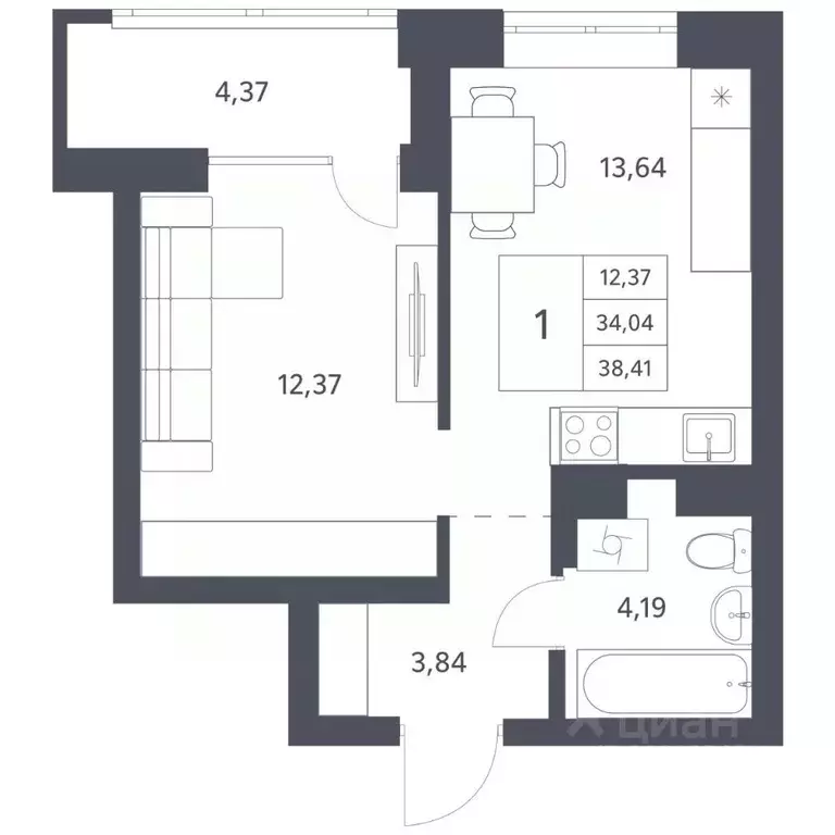 1-к кв. Новосибирская область, Новосибирск ул. Тюленина, 3 (34.04 м) - Фото 0