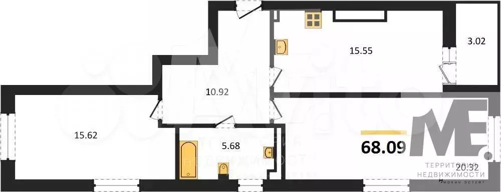 2-к. квартира, 68,5 м, 2/9 эт. - Фото 0