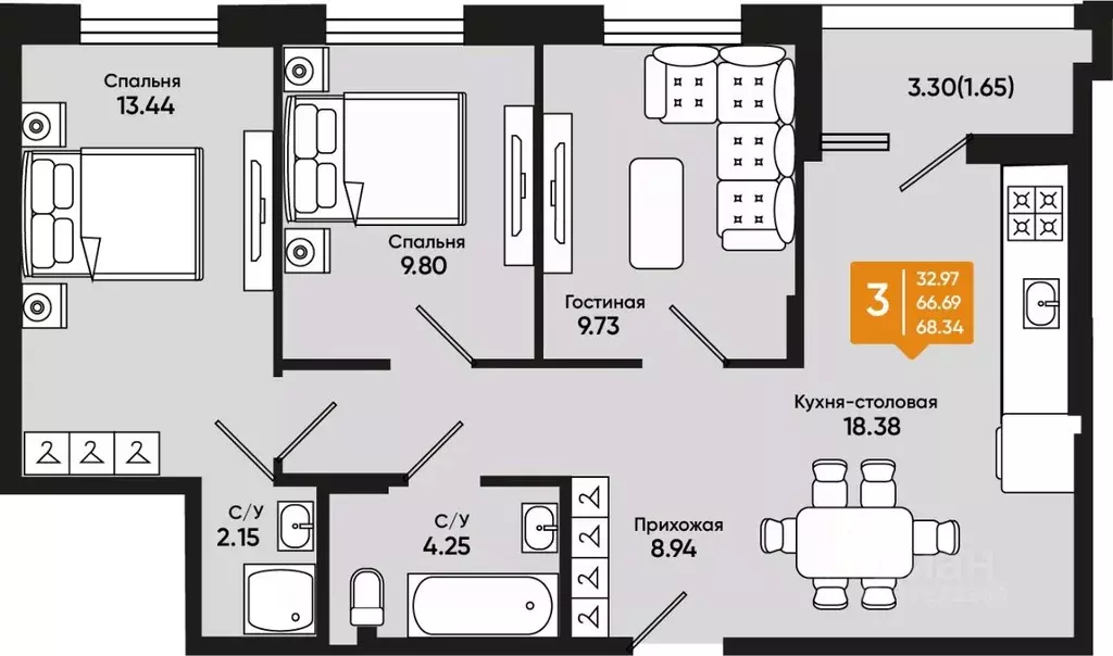 3-к кв. Ростовская область, Батайск Комсомольская ул., 131к1 (68.34 м) - Фото 0