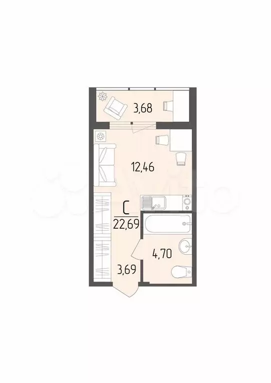 Квартира-студия, 22,7 м, 8/9 эт. - Фото 0