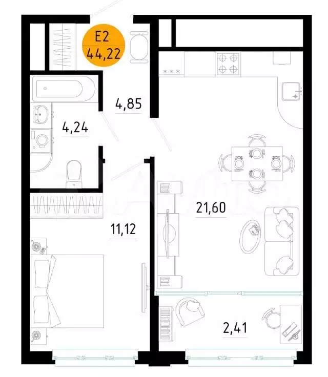 1-к. квартира, 44,5м, 21/25эт. - Фото 1