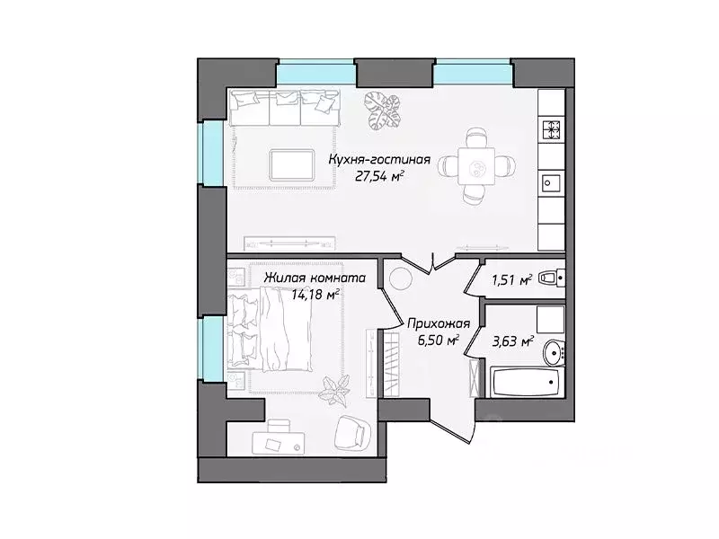 2-к кв. Чувашия, Чебоксары ул. Фридриха Энгельса, поз7 (53.36 м) - Фото 1