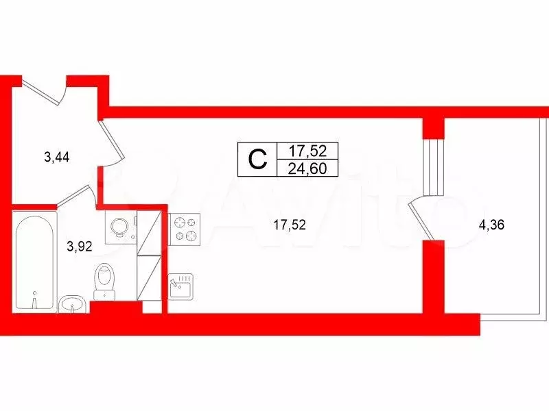 Квартира-студия, 24,6 м, 14/17 эт. - Фото 0