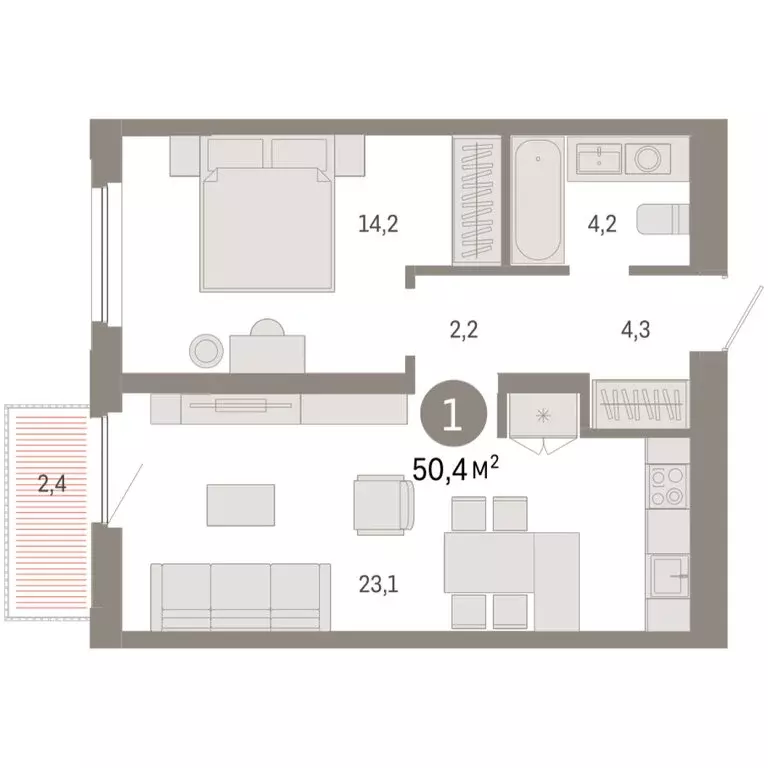 1-комнатная квартира: Тюмень, Мысовская улица, 26к2 (50.4 м) - Фото 1