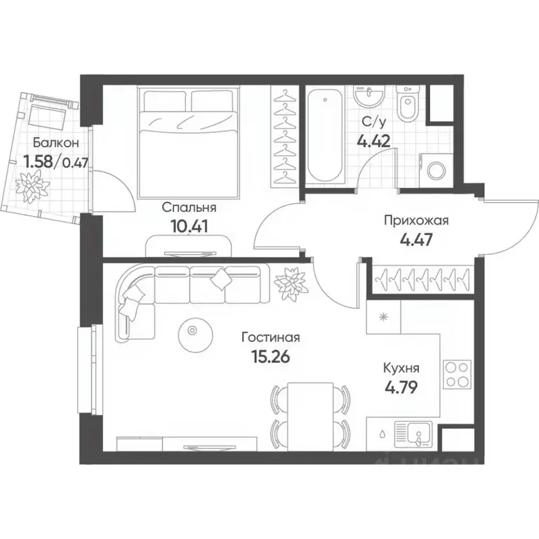 2-к кв. Татарстан, Казань Счастье в Казани жилой комплекс (39.8 м) - Фото 1
