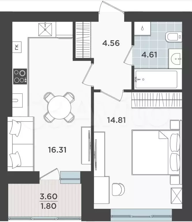 1-к. квартира, 42,1 м, 2/9 эт. - Фото 1