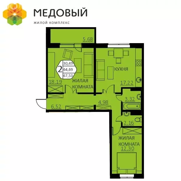 2-комнатная квартира: деревня Кондратово, улица Г.Н. Нифантова, 4В ... - Фото 1