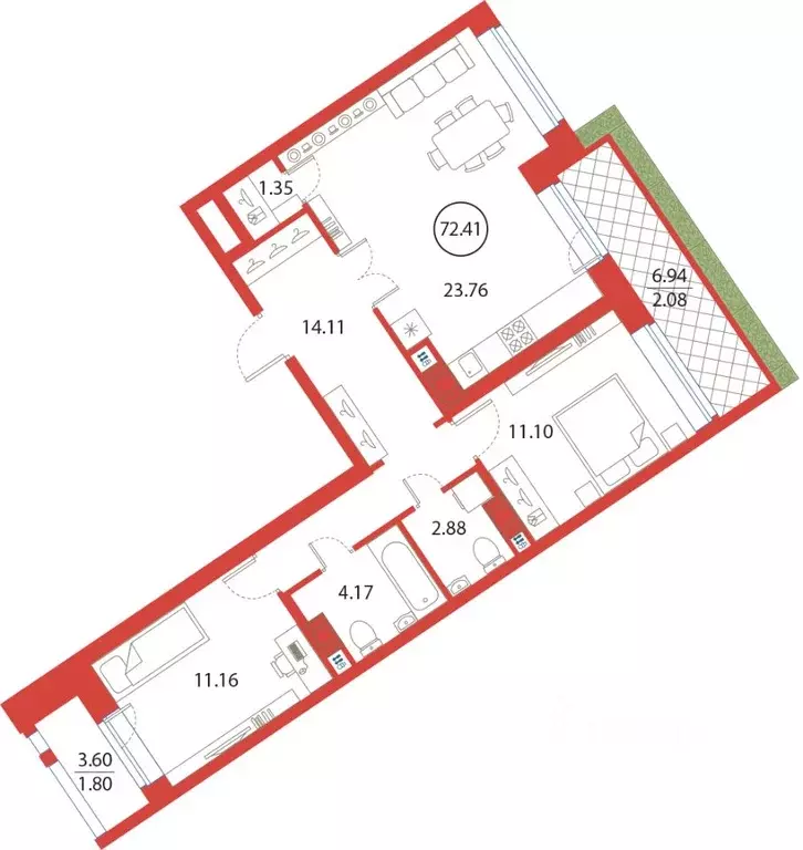 2-к кв. Санкт-Петербург ул. Плесецкая, 4 (72.41 м) - Фото 0