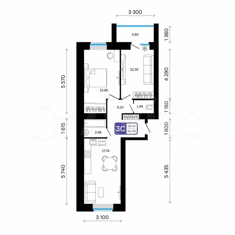 3-к. квартира, 62,5 м, 5/9 эт. - Фото 0