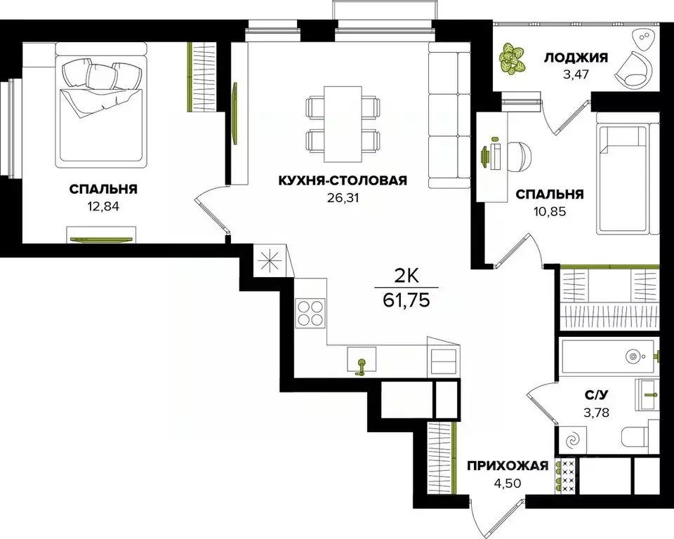2-к кв. Тульская область, Тула  (61.75 м) - Фото 0