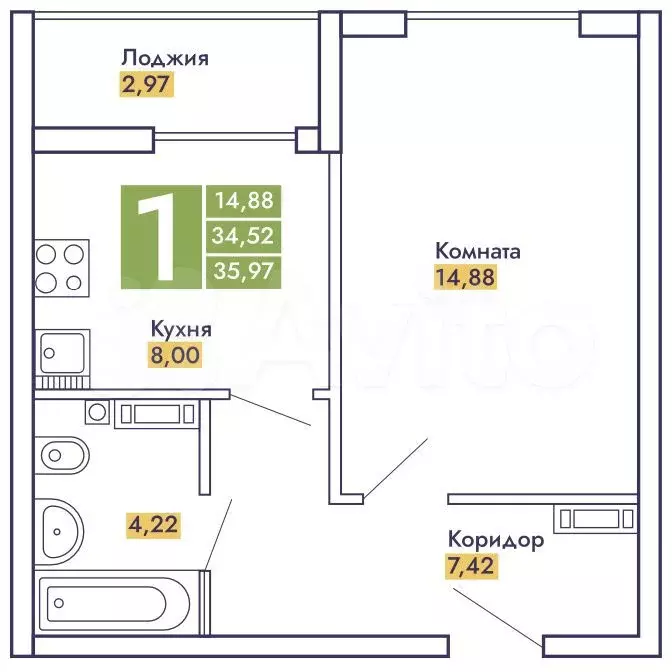 1-к. квартира, 37,4 м, 7/10 эт. - Фото 0