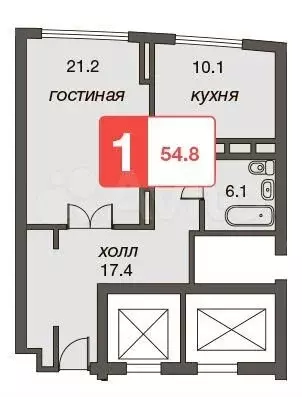 1-к. квартира, 54,8 м, 27/40 эт. - Фото 0