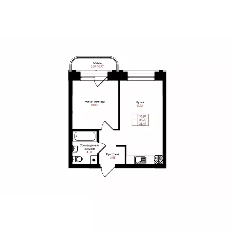 1-к кв. Татарстан, Казань Лето жилой комплекс (36.47 м) - Фото 2