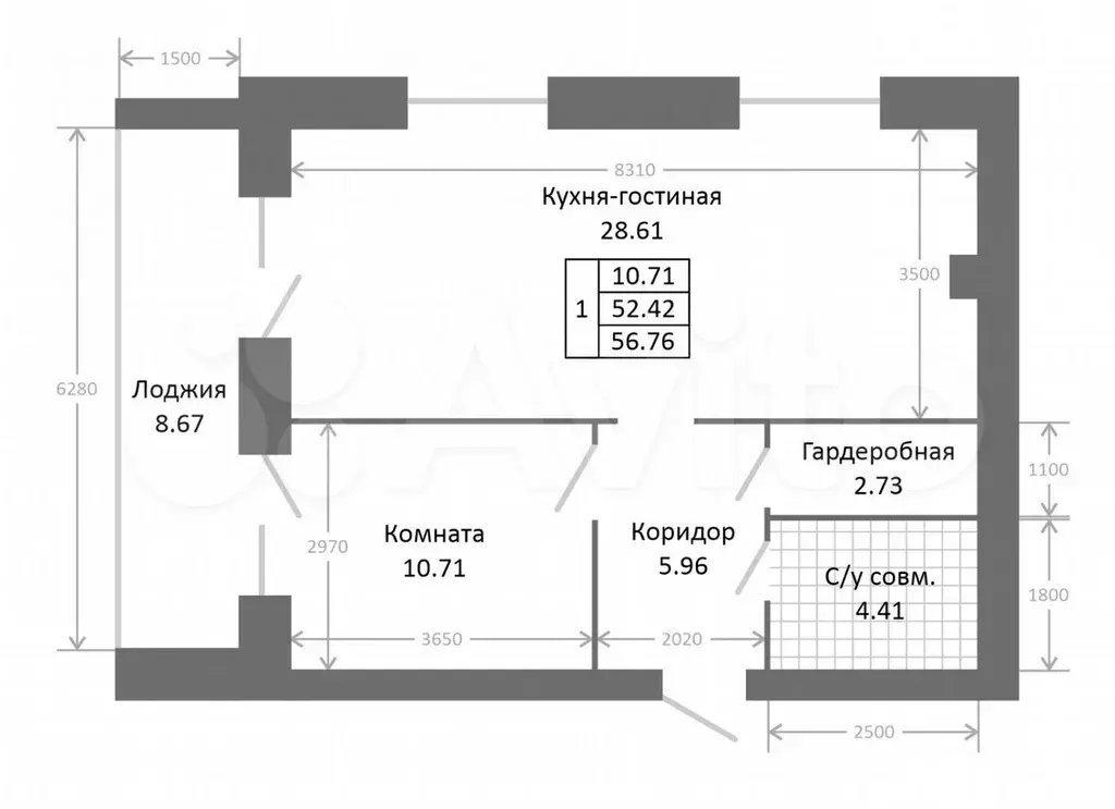 1-к. квартира, 61,1 м, 2/5 эт. - Фото 1