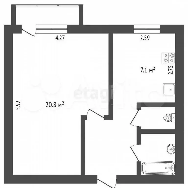 1-к. квартира, 38,2 м, 2/3 эт. - Фото 1