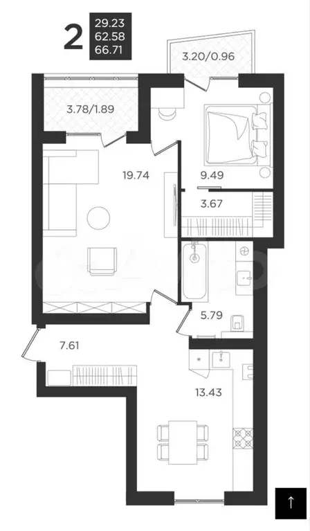 2-к. квартира, 62,6 м, 2/4 эт. - Фото 1