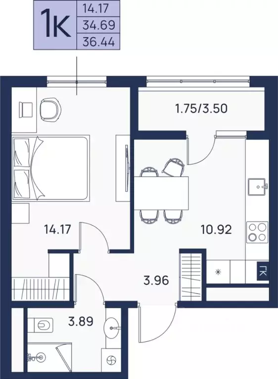 1-к кв. Калининградская область, Гурьевский муниципальный округ, пос. ... - Фото 1