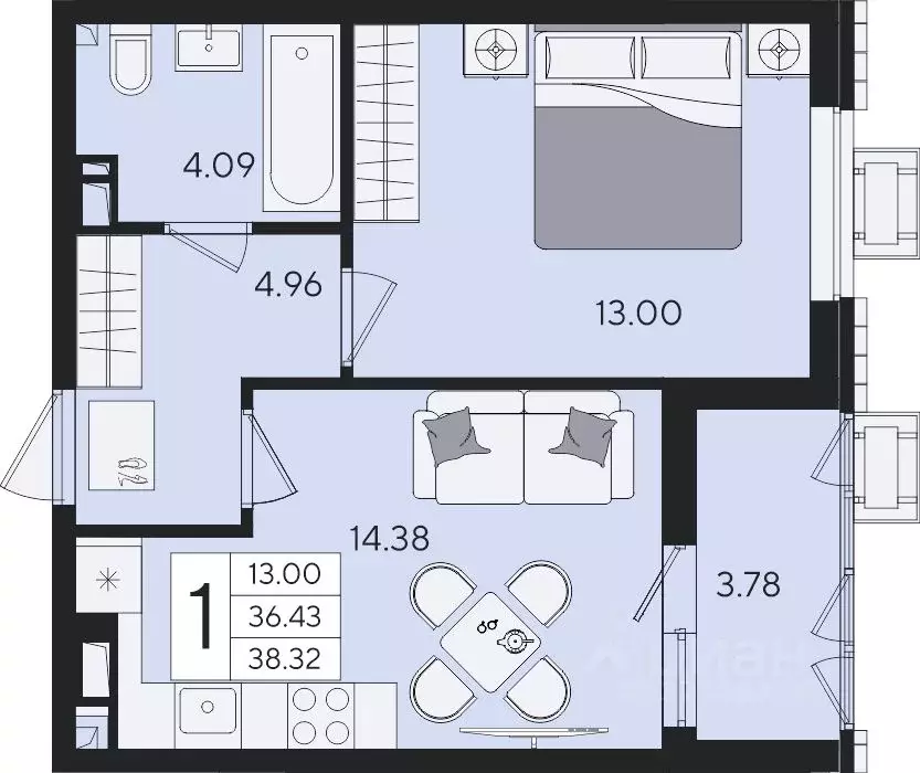 1-к кв. Краснодарский край, Краснодар  (38.32 м) - Фото 2