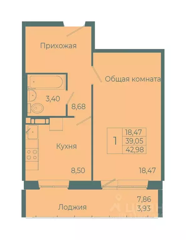 1-к кв. Кемеровская область, Кемерово ул. 1-я Линия, 18В/2 (42.98 м) - Фото 0