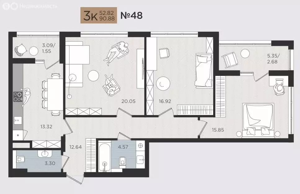 3-комнатная квартира: Калининград, Советский проспект, 50 (90.88 м) - Фото 1
