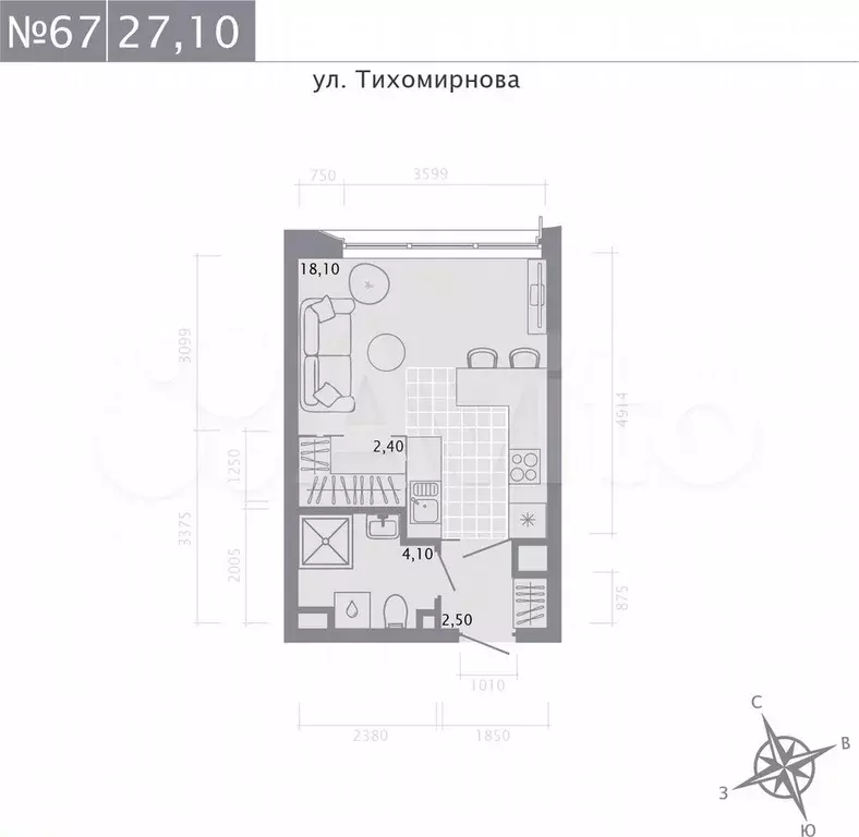 Квартира-студия, 27,1 м, 4/5 эт. - Фото 0