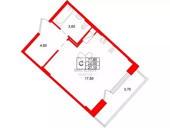 Квартира-студия: деревня Скотное, Рождественская улица, 2 (26 м) - Фото 1