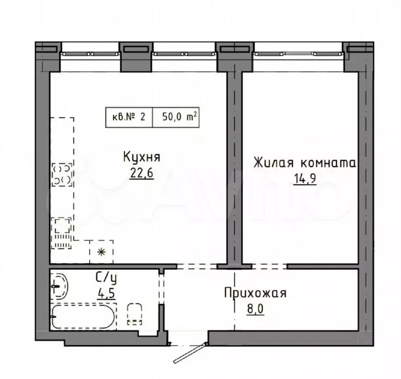 1-к. квартира, 50 м, 1/9 эт. - Фото 1