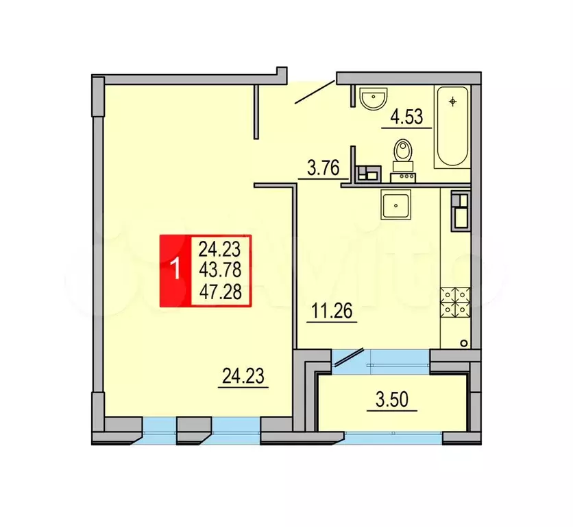 1-к. квартира, 47,3 м, 4/8 эт. - Фото 0