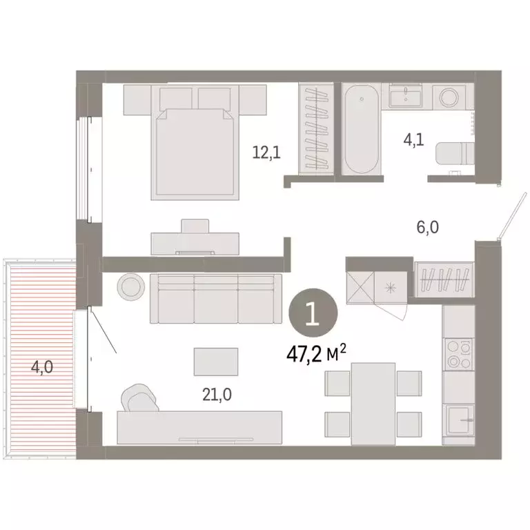 1-комнатная квартира: Тюмень, жилой комплекс На Минской (47.18 м) - Фото 2