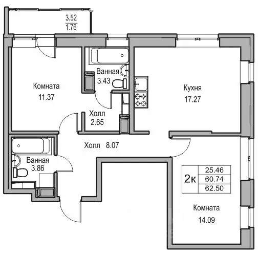 2-к кв. Санкт-Петербург ул. Ивинская, 1к1 (60.74 м) - Фото 0