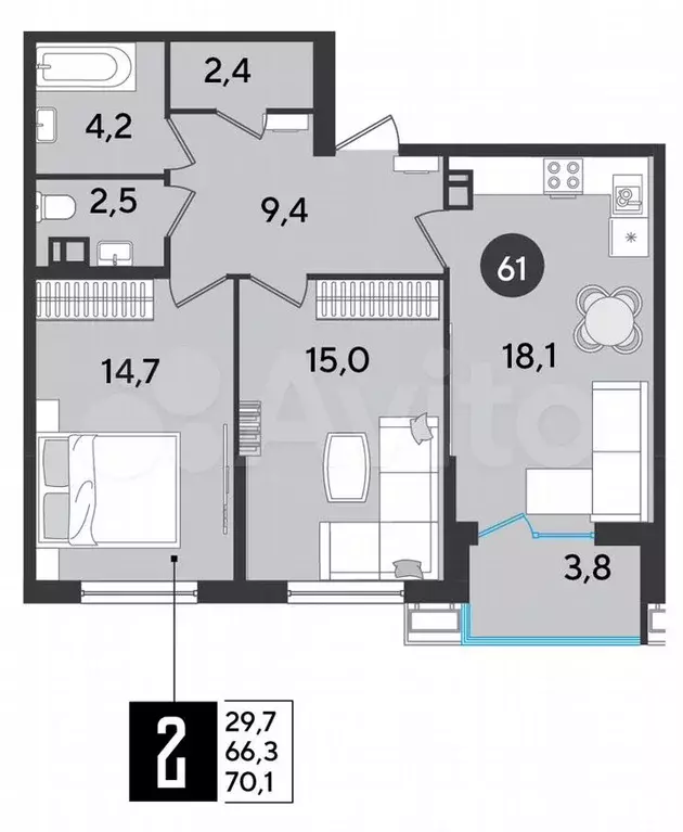 2-к. квартира, 70,1м, 8/9эт. - Фото 1