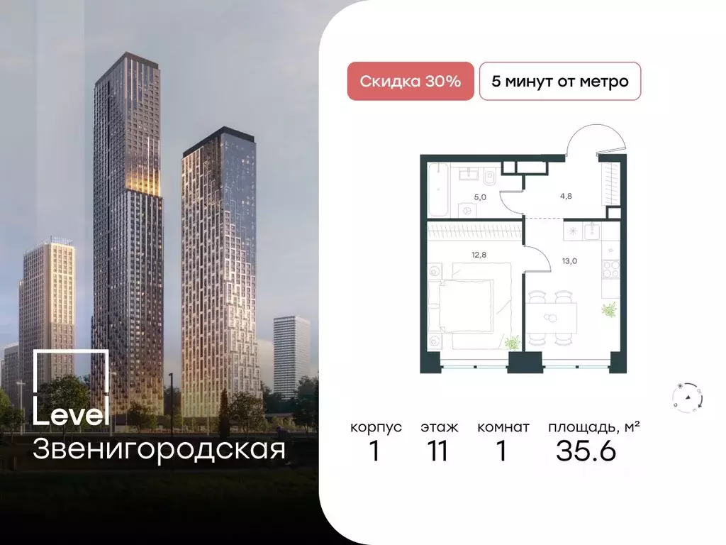 1-к кв. Москва Левел Звенигородская жилой комплекс (35.6 м) - Фото 0