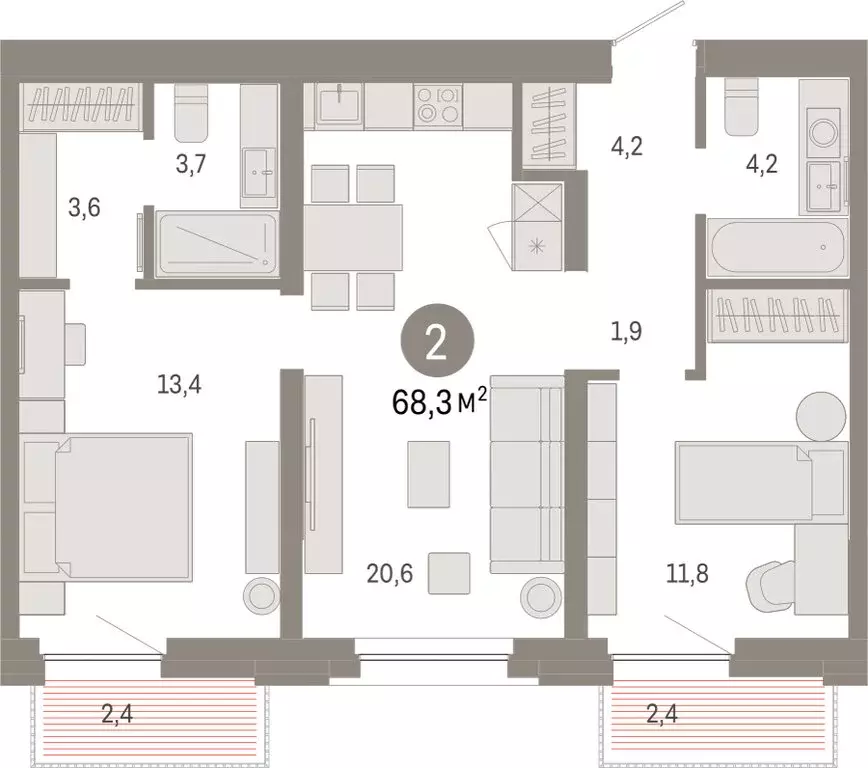2-комнатная квартира: Тюмень, Мысовская улица, 26к2 (68.26 м) - Фото 1