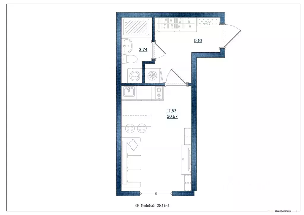 Студия Тверская область, Тверь ул. Медовая, 2 (20.67 м) - Фото 2