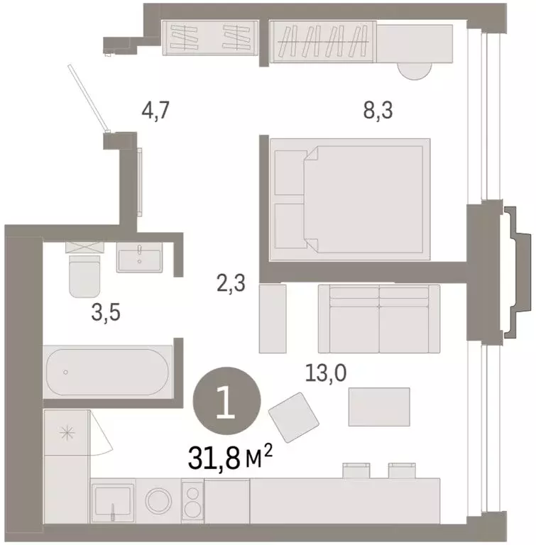 1-комнатная квартира: Тюмень, жилой комплекс Зарека (31.83 м) - Фото 1