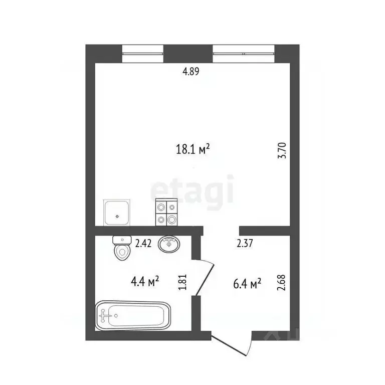 Студия Тюменская область, Тюмень ул. Газовиков, 34 (29.0 м) - Фото 2