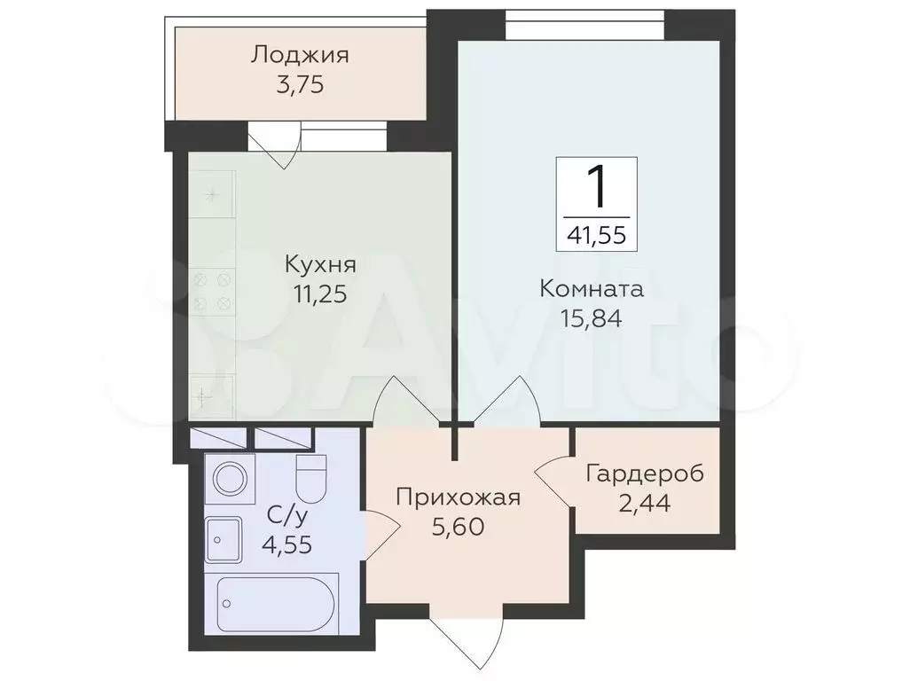 1-к. квартира, 41,6 м, 2/16 эт. - Фото 0