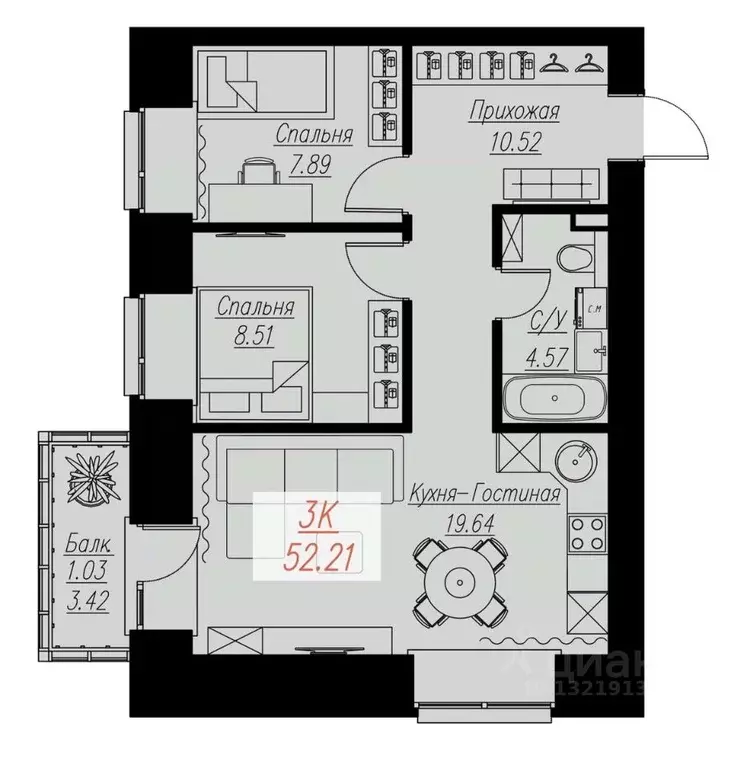 2-к кв. Красноярский край, Красноярск Семафорная ул., 441а (52.21 м) - Фото 0